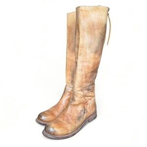 Bed Stu Tan leather knee high boots with slouch fit side zip and corset tie 8